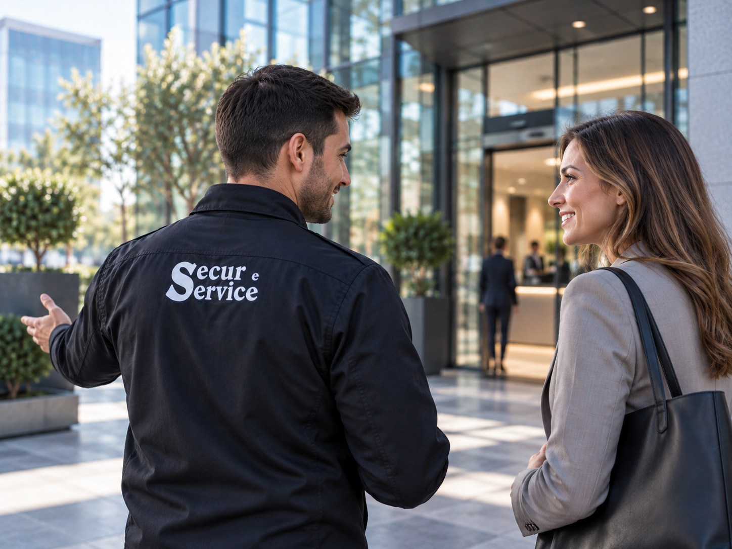 Secur e Service operator welcoming a client at a corporate building